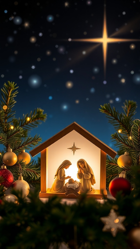 A nativity scene with soft lights and evergreen branches, symbolizing the Christmas spirit.